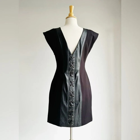 Boston Proper | Black Genuine Leather Panel Lace-Up Sheath Dress | Size 8 - Picture 6 of 9